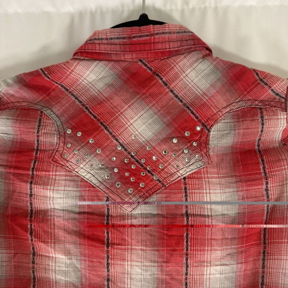 Roper Western Pearl Snap Shirt Girls Small Embellished Red Metallic Plaid Long S - Picture 5 of 7